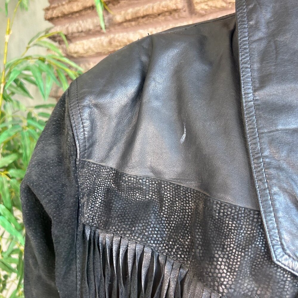 Winlit Vintage 80s Western Cowgirl Jacket Black Leather With Fringe - Picture 8 of 13